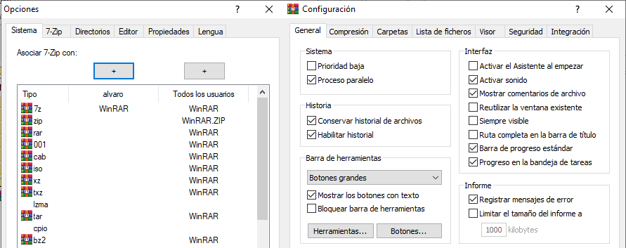 7-Zip vs WinRAR: Configuración