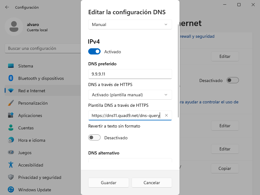 Configurar DOH (DNS over HTTPs) en Windows 11